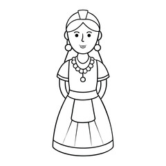 Fototapeta premium A cheerful Latin woman coloring page, smiling with flowing hair and traditional attire, perfect for adding vibrant colors and celebrating culture and beauty. 