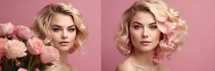 Blonde woman with floral crown and soft makeup in minimalist spring style, closeup beauty portrait, floristic theme, gentle femininity, 8 March, flower holiday.