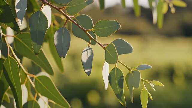 Eucalyptus Branch in Sunlight - This close-up shot features a eucalyptus branch with distinctive oval-shaped leaves bathed in warm sunlight.