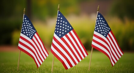 Obraz premium Three american flags waving in the wind on a sunny day outdoors
