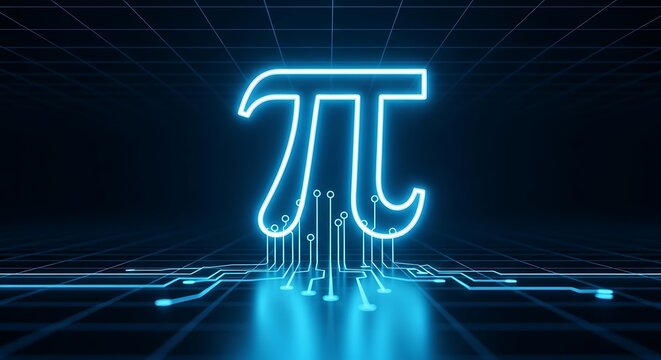 Digital Pi symbol glowing on a futuristic blue circuit board grid