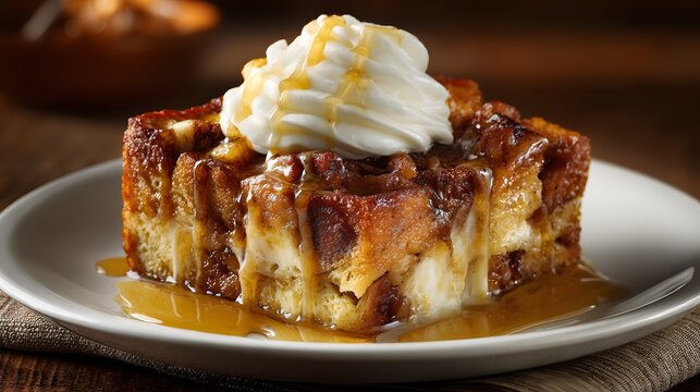 Delicious Bread Pudding with Whipped Cream and Caramel Sauce on a White Plate.