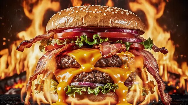 A large cheeseburger with bacon and cheese melting on a bun with flames 4k video