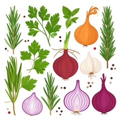 Herb and onion arrangement rosemary, parsley, basil, garlic, shallot, red onion, and spices on a white background