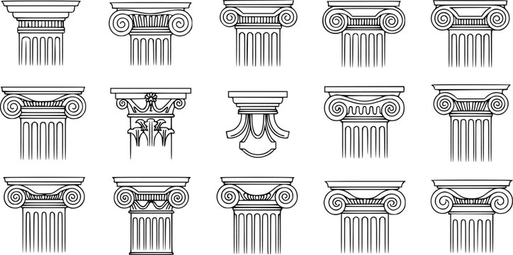 Top of column isolated outline set icon. Vector outline set icon antique pillar. Vector illustration top of column on white background.
