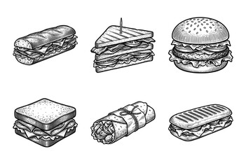 Plakat Vintage hand drawn engraving style collection of sandwiches including burger wrap panini sub and club sandwich