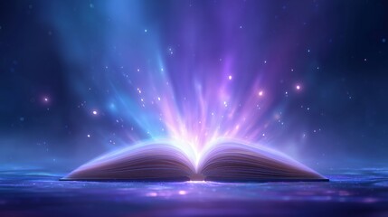 Open book with glowing pages emitting colorful light and sparkles against a dark background, creating a mystical and enchanting atmosphere