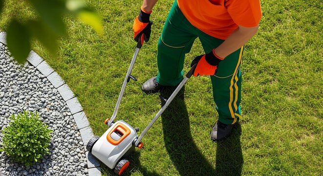 Man using lawn edger on green grass with gravel border