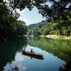 Obraz premium Serene river scene with a lone fisherman in a small boat surrounded by lush green trees and calm water under a bright blue sky in a peaceful natural landscape