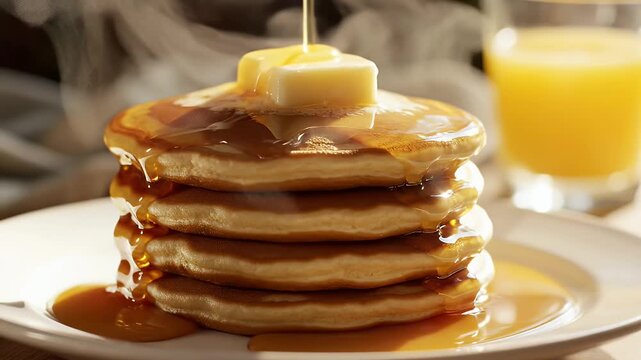 Delicious Pancake Stack with Syrup and Butter - A stack of fluffy pancakes is topped with a pat of melting butter and drenched in golden syrup.