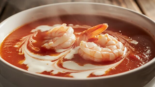 Shrimp Tomato Soup - A close-up shot of a white bowl filled with steaming tomato soup, garnished with a swirl of cream and two large cooked shrimp.