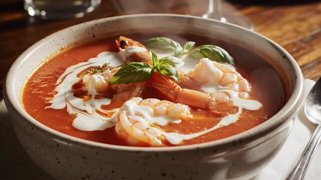 Creamy Tomato Soup with Shrimp - Close-up shot of a bowl of steaming tomato soup, garnished with cooked shrimp, a swirl of cream, and fresh basil leaves.