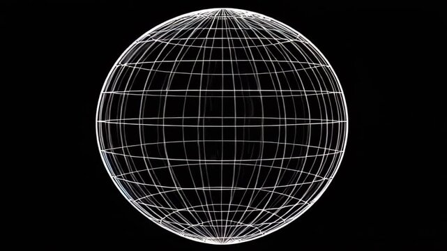 Intricate wireframe globe model rendered in monochrome against a dark background with geometric grid influence.