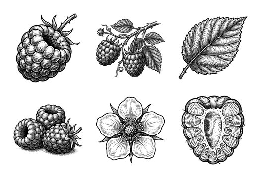 Vintage botanical raspberry collection featuring hand drawn engraving style illustrations of berries, leaves, and flowers for food packaging and organic design.