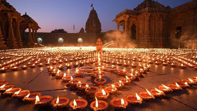 Ancient Temple Courtyard Illuminated by Thousands of Oil Lamps at Dusk
