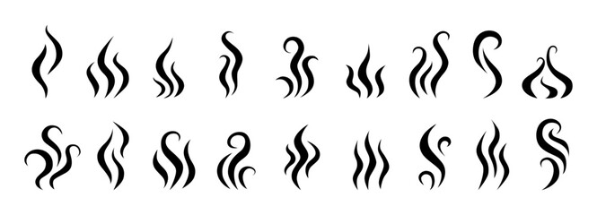 Smoke steam of coffee with smell line icon set. Hand drawn scent stream and wavy aroma doodle lines. Sketch hot vapor steam with smell and cooking fragrance.