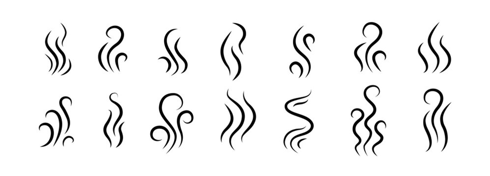 Smoke steam of coffee with smell line icon set. Hand drawn scent stream and wavy aroma doodle lines. Sketch hot vapor steam with smell and cooking fragrance.