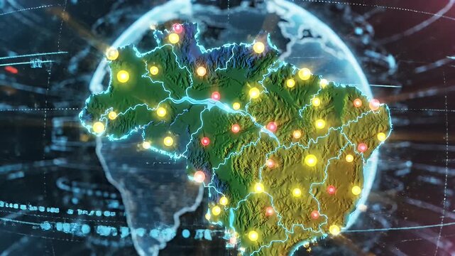 Digital Brazil Map with Glowing Cities - This video features a digital video of Brazil's map with glowing light outlines and color-coded spheres representing major cities or data points.