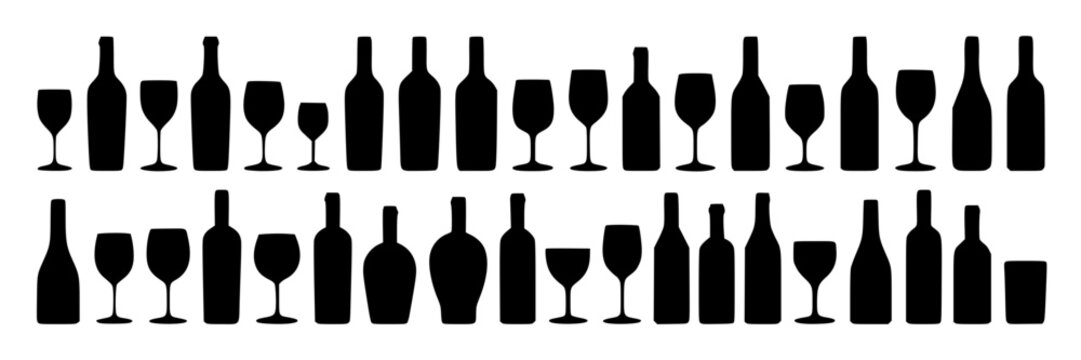 Wine glasses and bottles set with black silhouette icons for drinks and beverages featuring glass, bottle, drink with beverage and alcohol elements for vector, icon projects, clean composition on