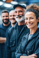Fototapeta premium A confident woman and three men in workwear stand in a line, smiling, suggesting teamwork and a positive work environment.
