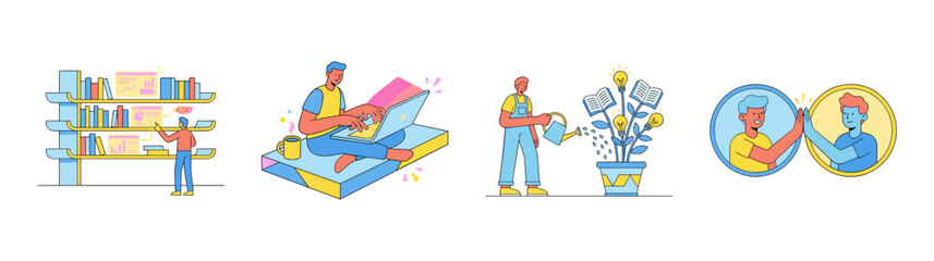 Flat Vector Character Growth and Knowledge Management Element Kit for Business Education and Personal Development