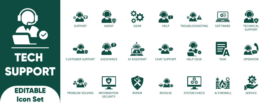 Tech support and customer service Solid icon set. support, assistance, hotline, live chat,  maintenance, technical, call center, and vector icons.