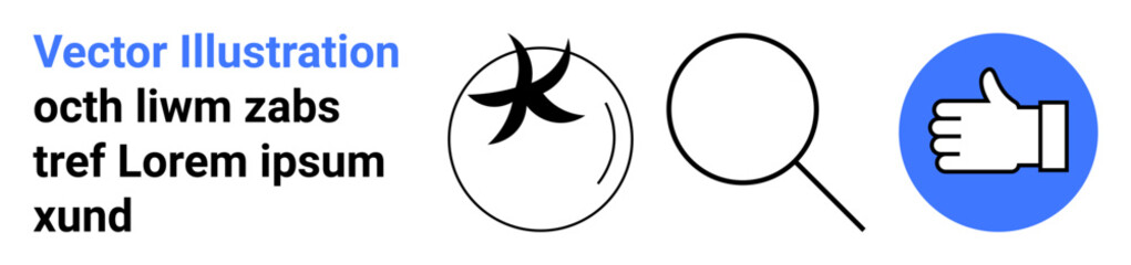 Obraz premium Social media, digital approval, quality control, search tools, feedback, positive reviews. Circular hand gesture, magnifying glass star and thumbs-up icon. Social media and search tools