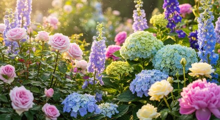 Obraz premium A vibrant garden filled with a variety of colorful flowers, including hydrangeas and roses, under a soft, diffused light.