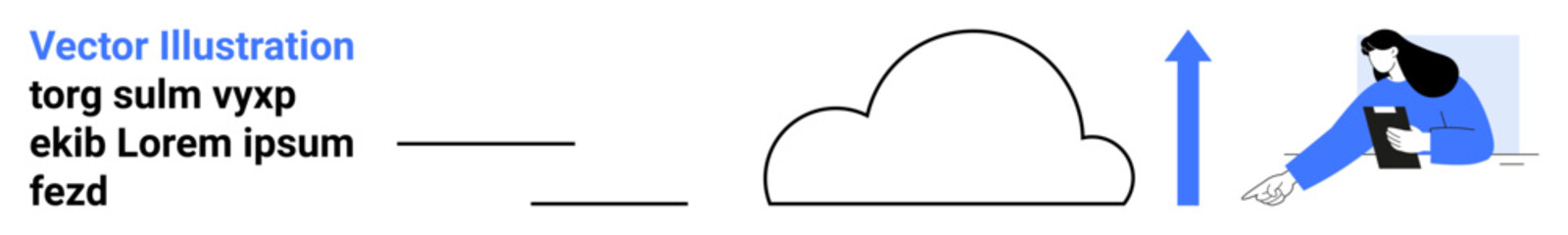 Cloud technology, data upload, user interface design, digital storage, tech solutions, content sharing. Cloud icon with upward arrow and person interacting with a smartphone. Cloud technology