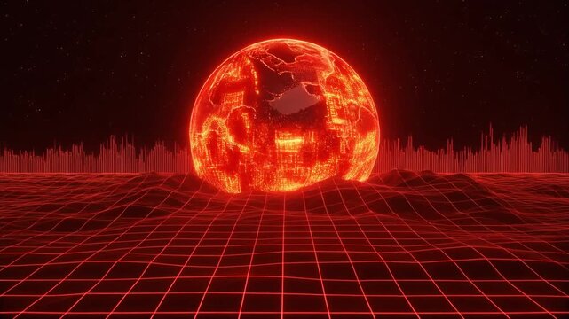 Glowing red orb with grid pattern and sound wave visualization.