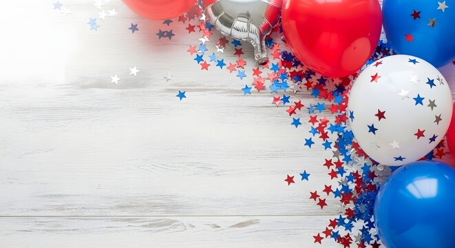 Patriotic balloons and confetti on white background for independence day celebrations