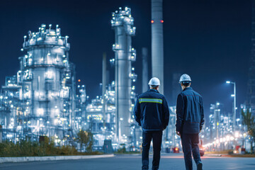 Fototapeta premium Two workers in safety gear inspect a brightly lit industrial plant at night, surrounded by tall structures and chimneys.