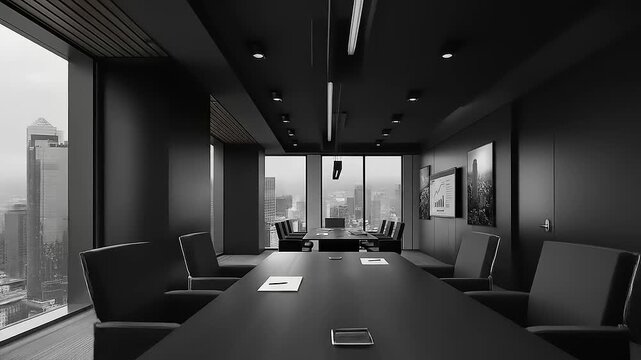 Sleek monochrome board room with panoramic cityscape view for strategic collaborations and decision making