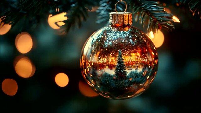 Close-up of a Christmas ornament reflecting festive lights and trees