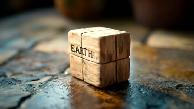 Close-up of a wooden puzzle cube resting on a textured stone surface