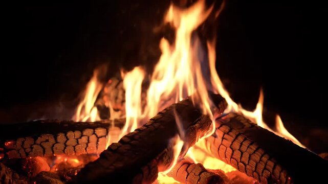 Cozy Fire Burning - A close-up shot showcases a roaring fire with burning logs. The vibrant flames dance and flicker against the dark background.
