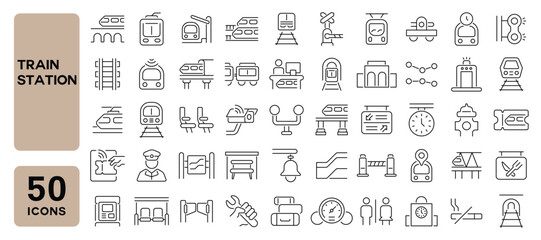 Set of 50 line icons related to train station, railways, subway, railway station, train bridge, metro, rail transport, train, Editable stroke. Vector illustration © M Design
