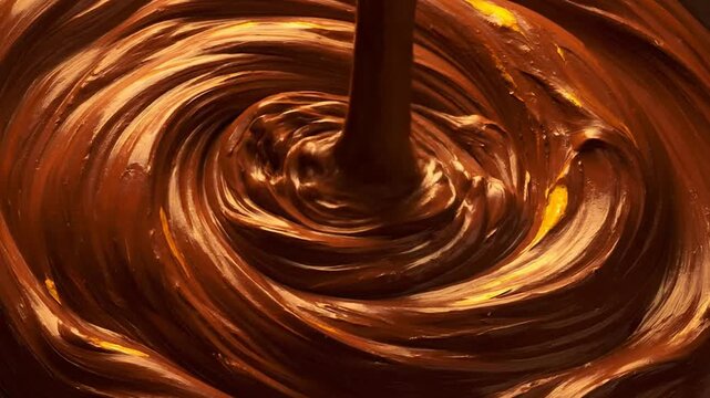 Close up of brown substance flowing into a swirl or Macro of brown paste being poured into itself