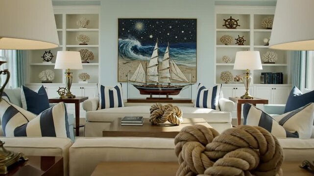 Cozy Nautical Living Room Tour with Ship Artwork.