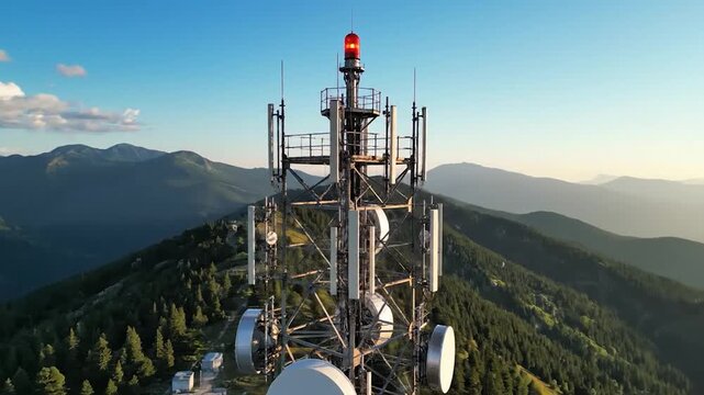 A tall telecommunication tower stands prominently on a mountain peak