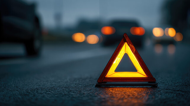 Reflective triangle warning sign on the evening road, accident safety concept.