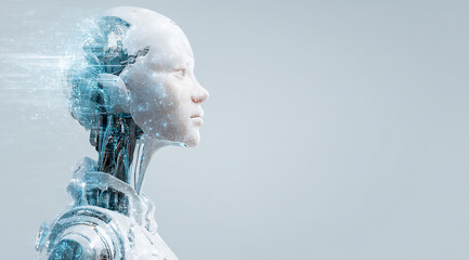 Futuristic ai robot woman with digital data stream flowing from her head isolated on white background