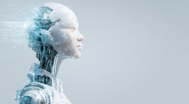 Futuristic ai robot woman with digital data stream flowing from her head isolated on white background