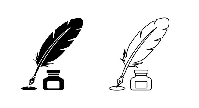 Elegant quill pens with ink bottles, classic writing instruments, vintage calligraphy tools Vector