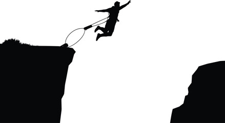 Bungee jumping silhouette of extreme sport man leaping from high cliff with safety rope. Adventure adrenaline activity vector isolated on white background for design. © Wajkuruni