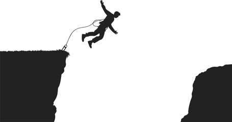 Bungee jumping silhouette of extreme sport man leaping from high cliff with safety rope. Adventure adrenaline activity vector isolated on white background for outdoor concept. © Wajkuruni