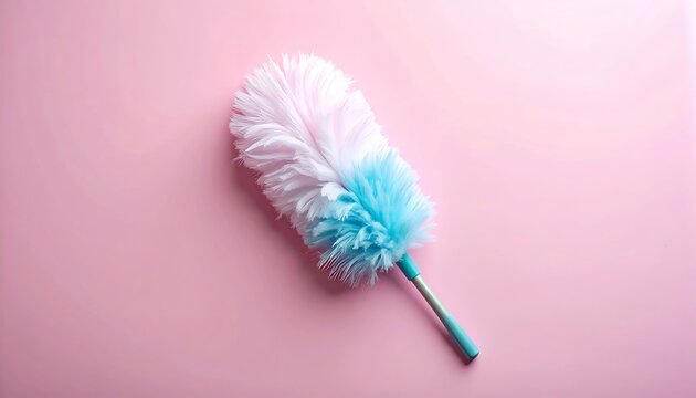 Pastel feather duster against a soft pink backdrop, emphasizing cleanliness and gentle home care