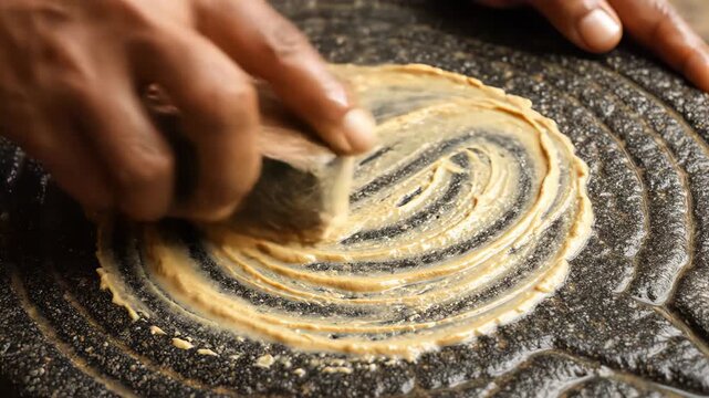Close Up of Hands Grinding Spices on a Round Grinding Stone with Swirling Patterns