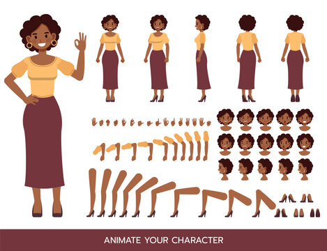 Black woman wear yellow shirt and long purple skirt character construction kit with multiple poses gestures and facial expressions for animation