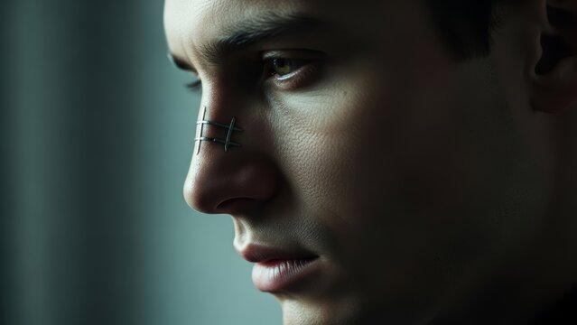 Man with metal staples on his nose. Sci-fi portrait for future technology and data connection concept. Digital interaction and cybernetic enhancement vision.